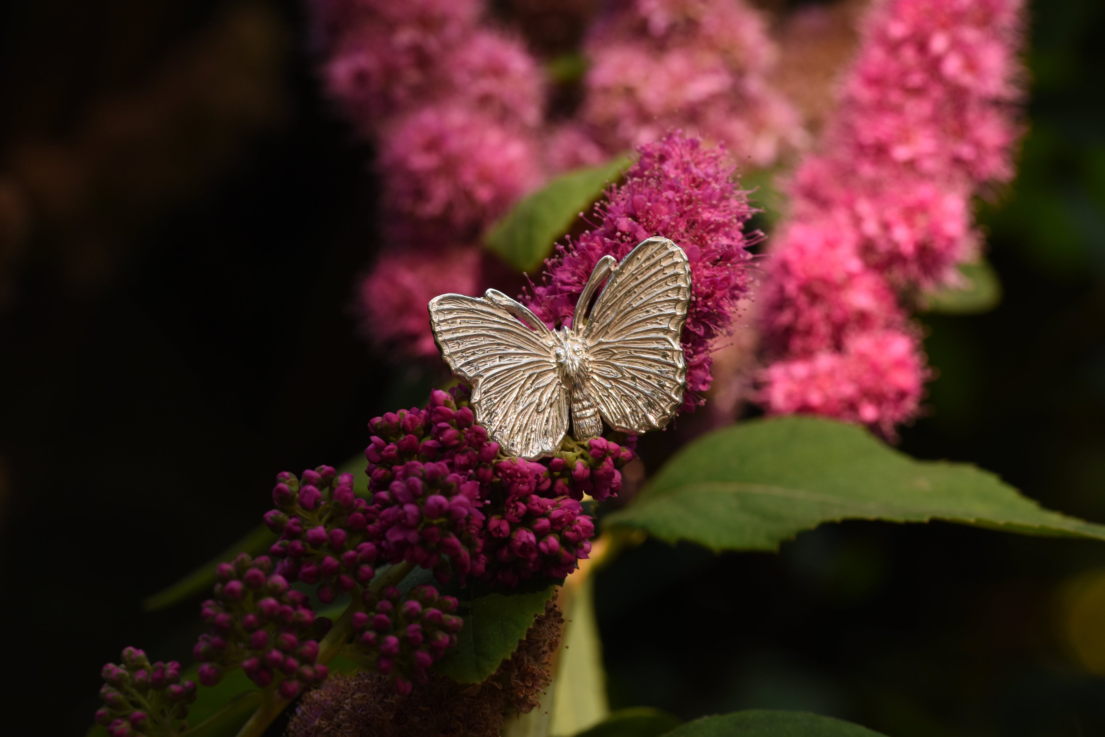 A detailed silver butterfly pin nestled in a pink Buddleia bloom  