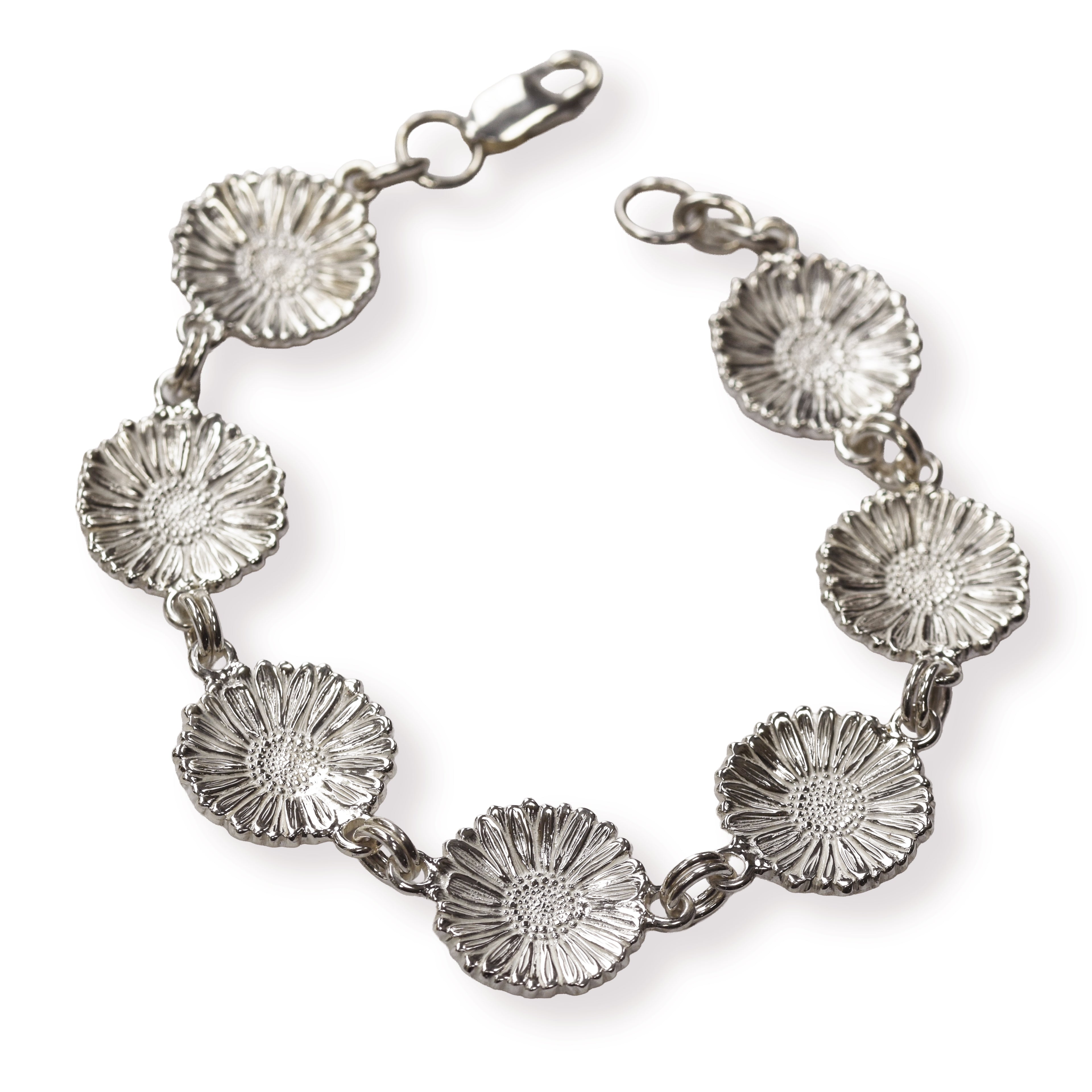 Silver daisy chain bracelet on a white background