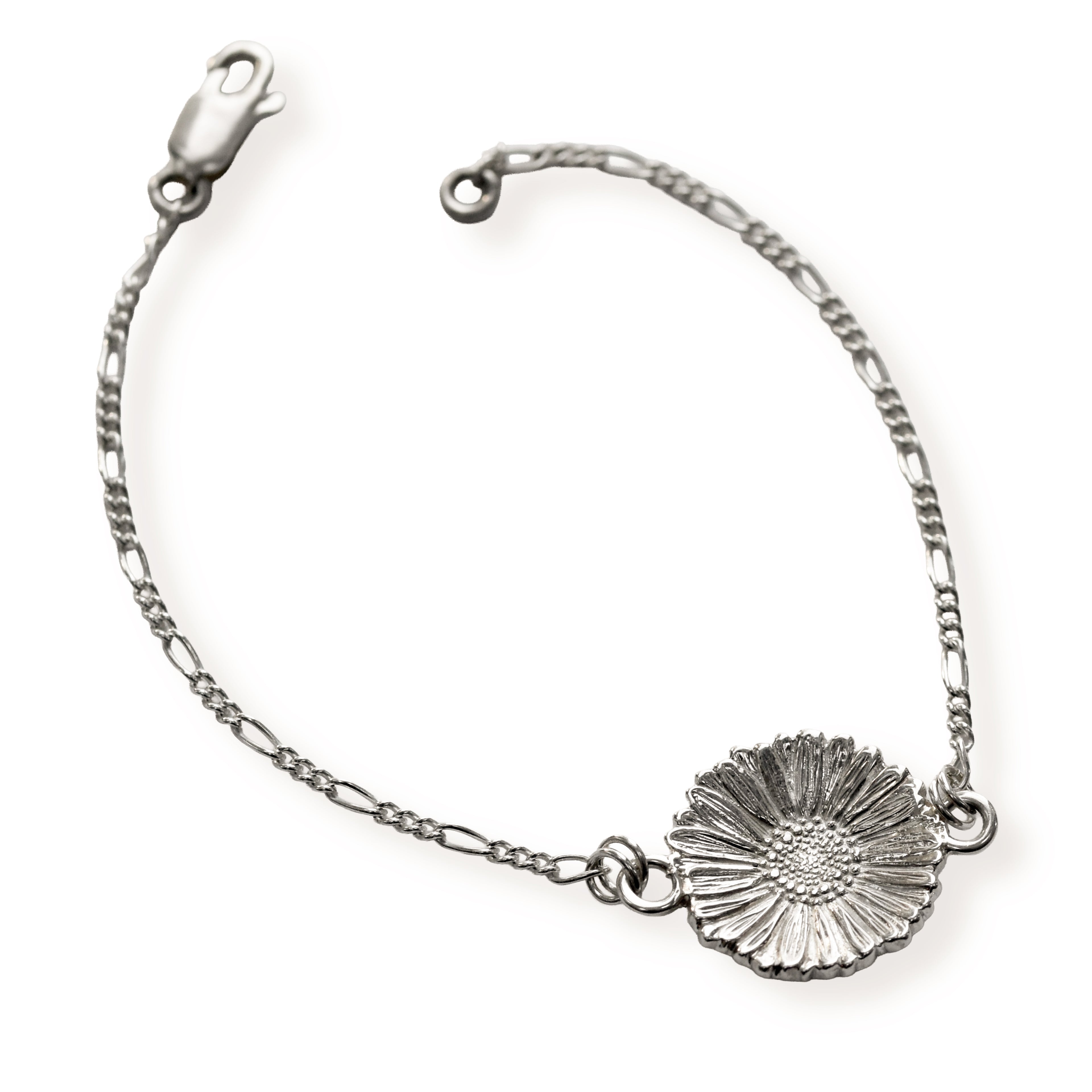 Silver bracelet with a single daisy on a white background