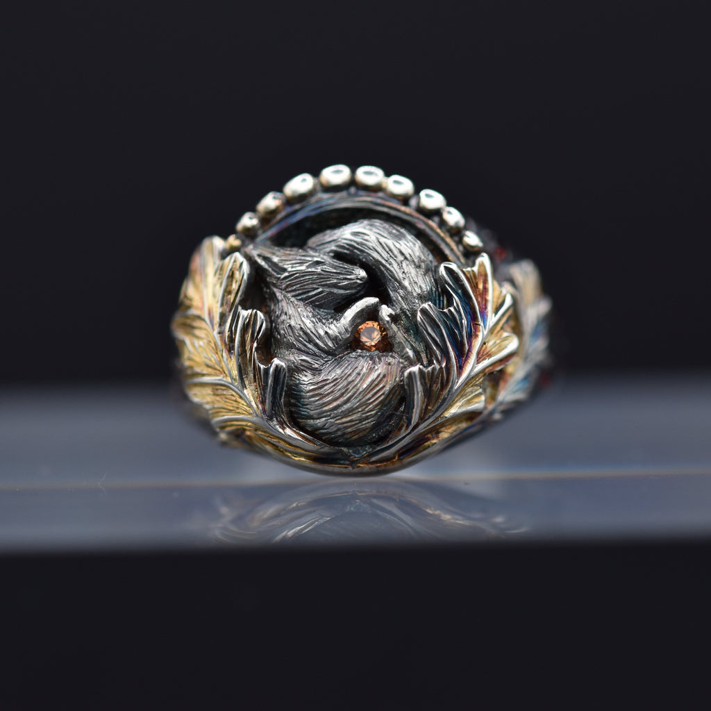 Sleeping Red Squirrel Ring With Orange Sapphire and Garnets