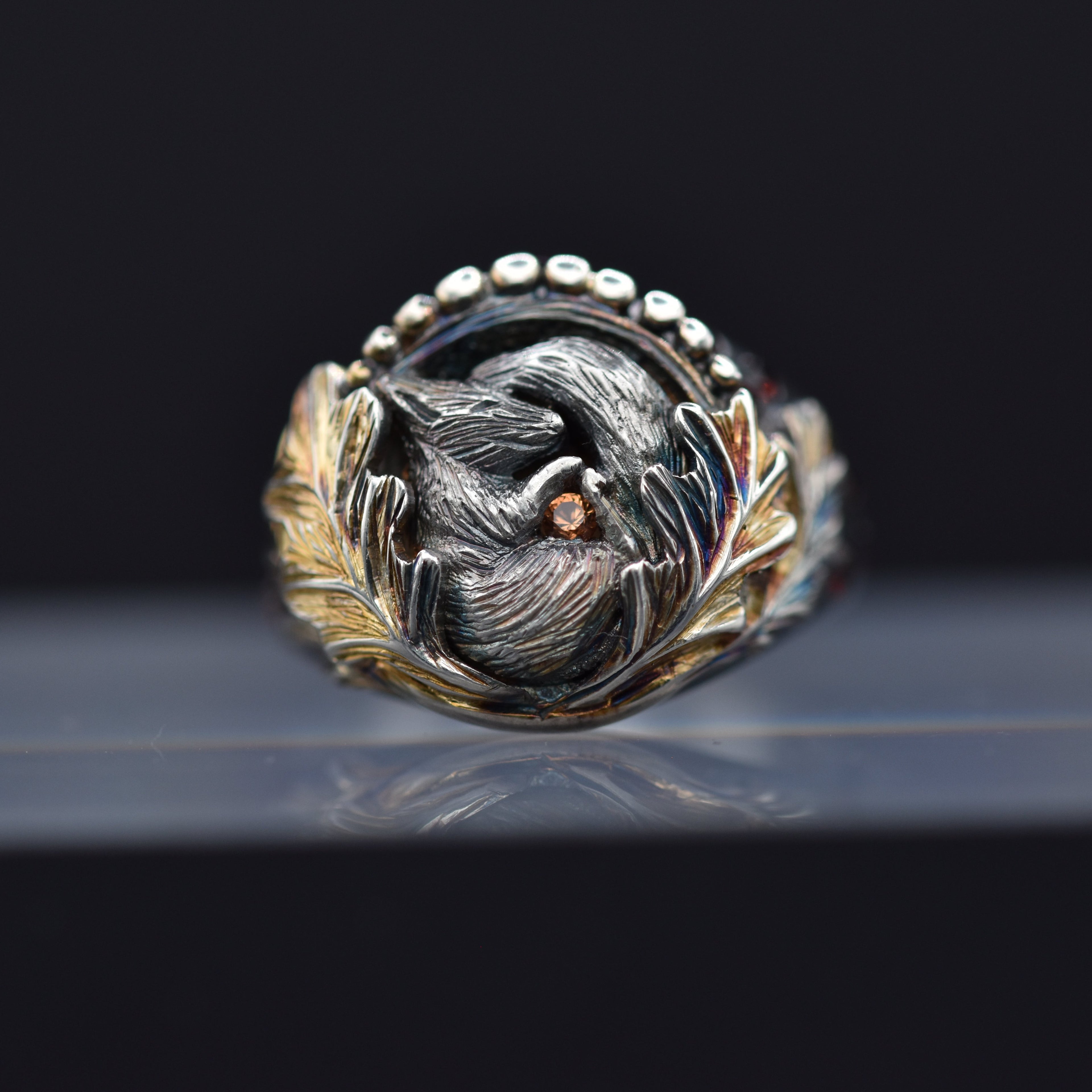 Sleeping Red Squirrel Ring With Orange Sapphire and Garnets