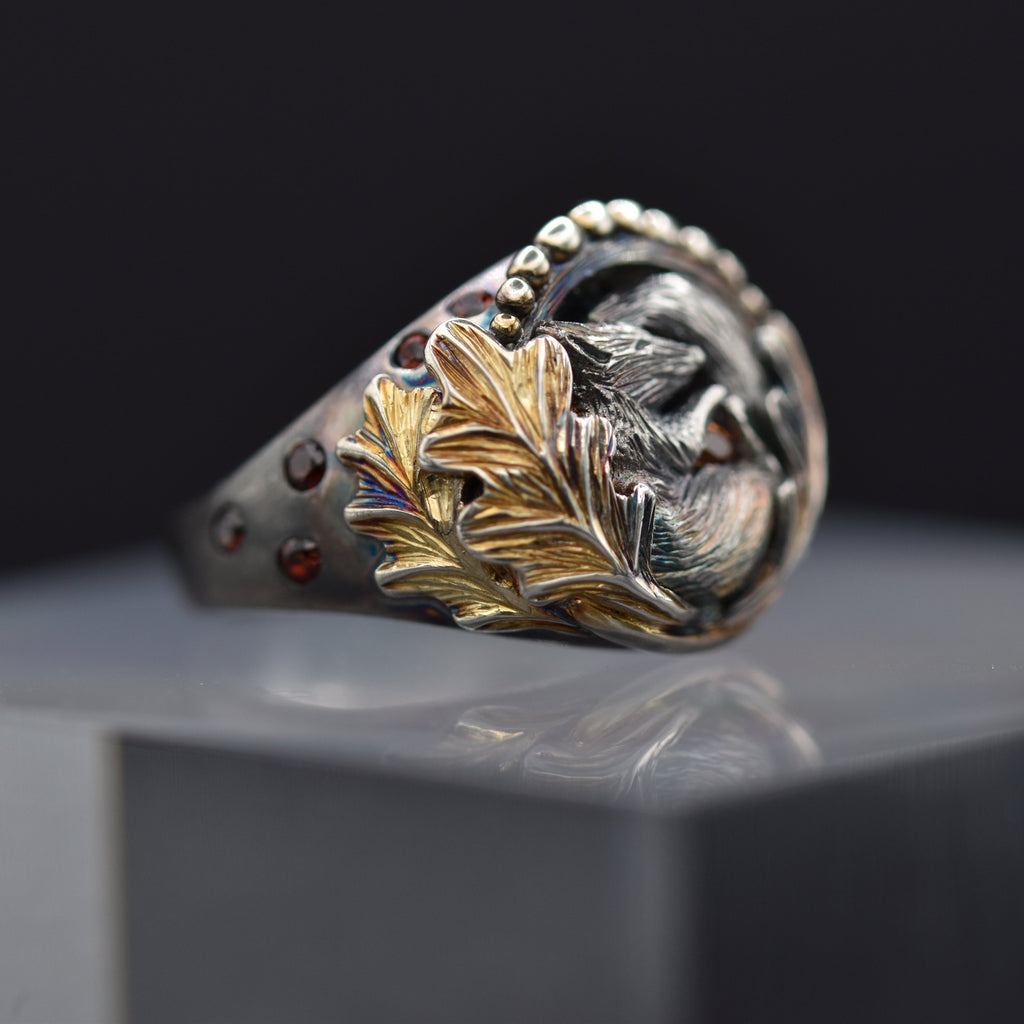 Sleeping Red Squirrel Ring With Orange Sapphire and Garnets