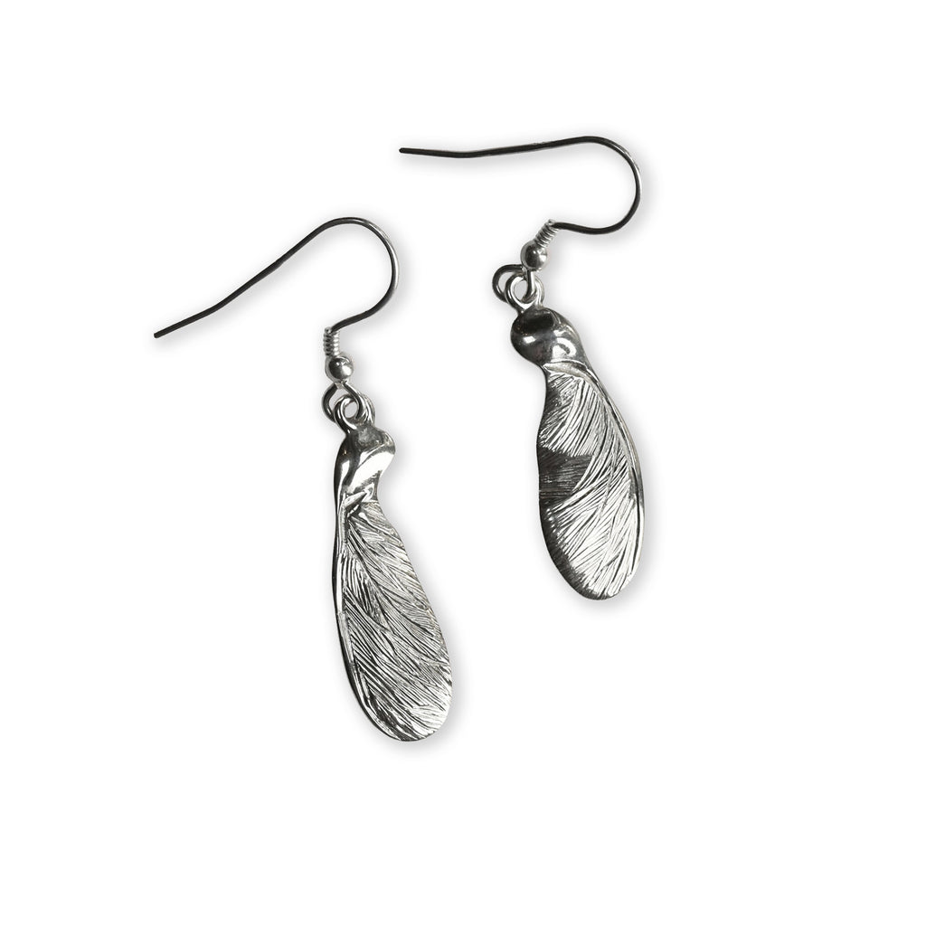 Silver sycamore seed  earrings on a white background