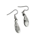 Silver sycamore seed  earrings on a white background
