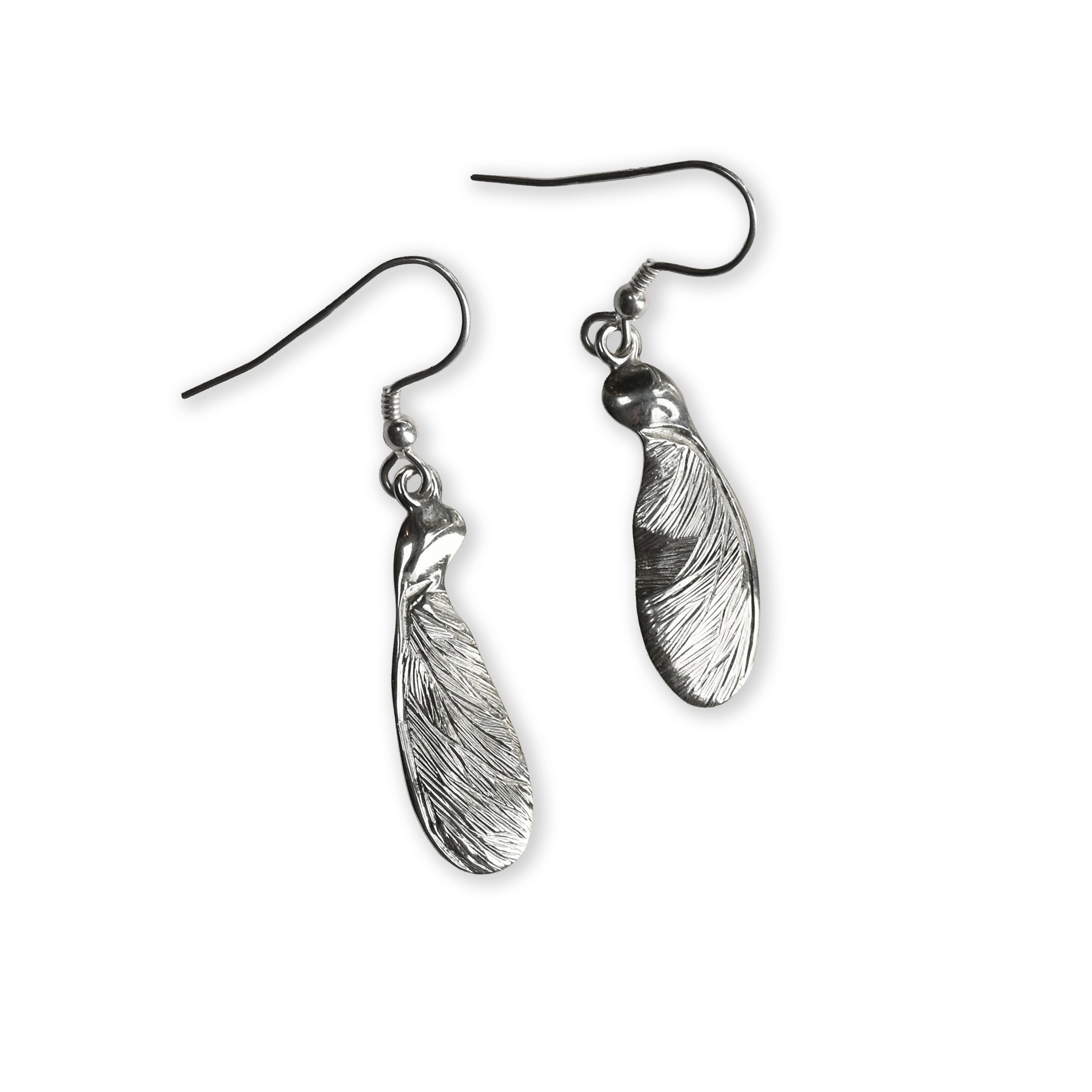 Silver sycamore seed  earrings on a white background