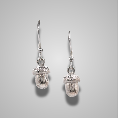 Sterling silver acorn drop earrings on hooks. Intricate details with a shiny polished finsh. 