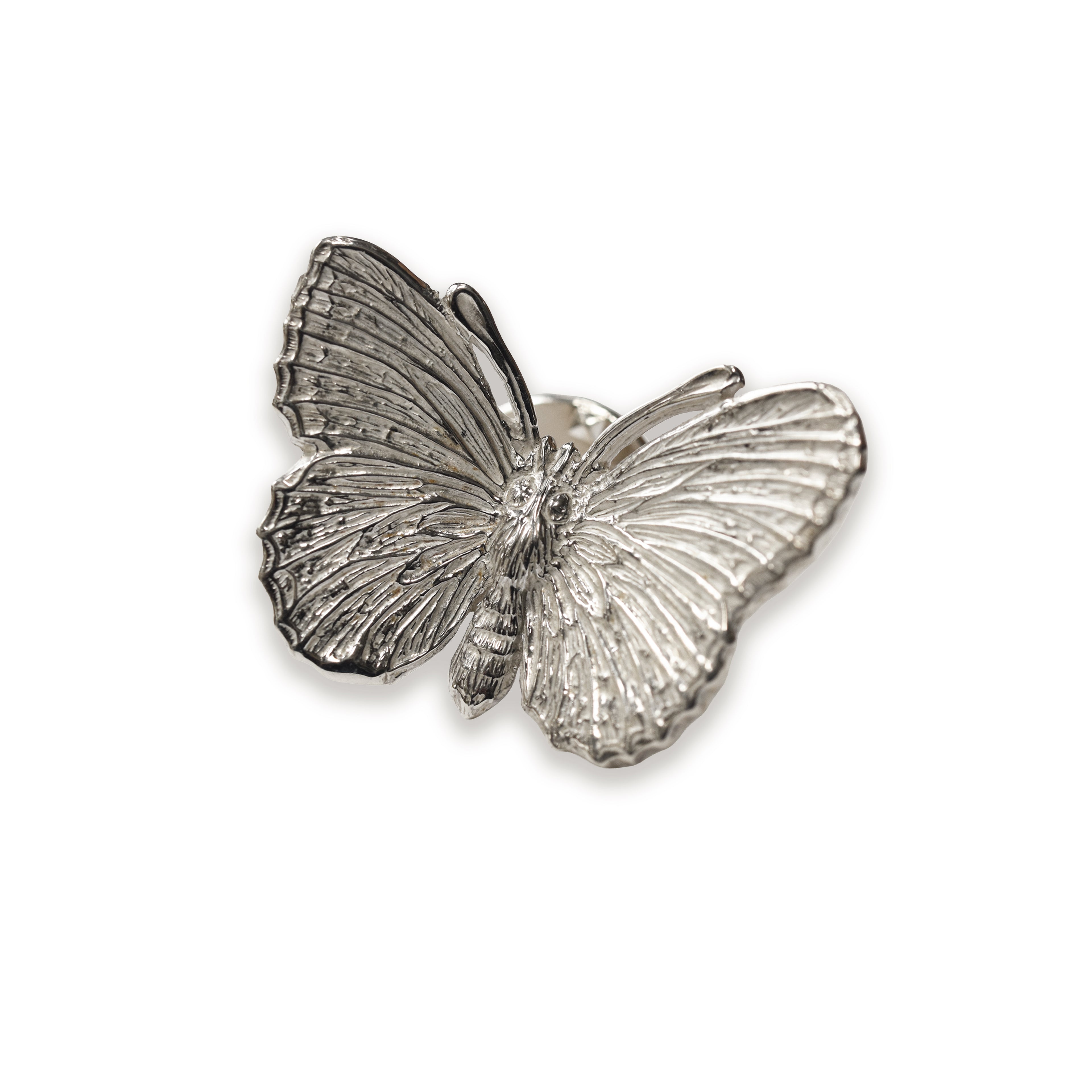 Silver butterfly-shaped pin on a white background