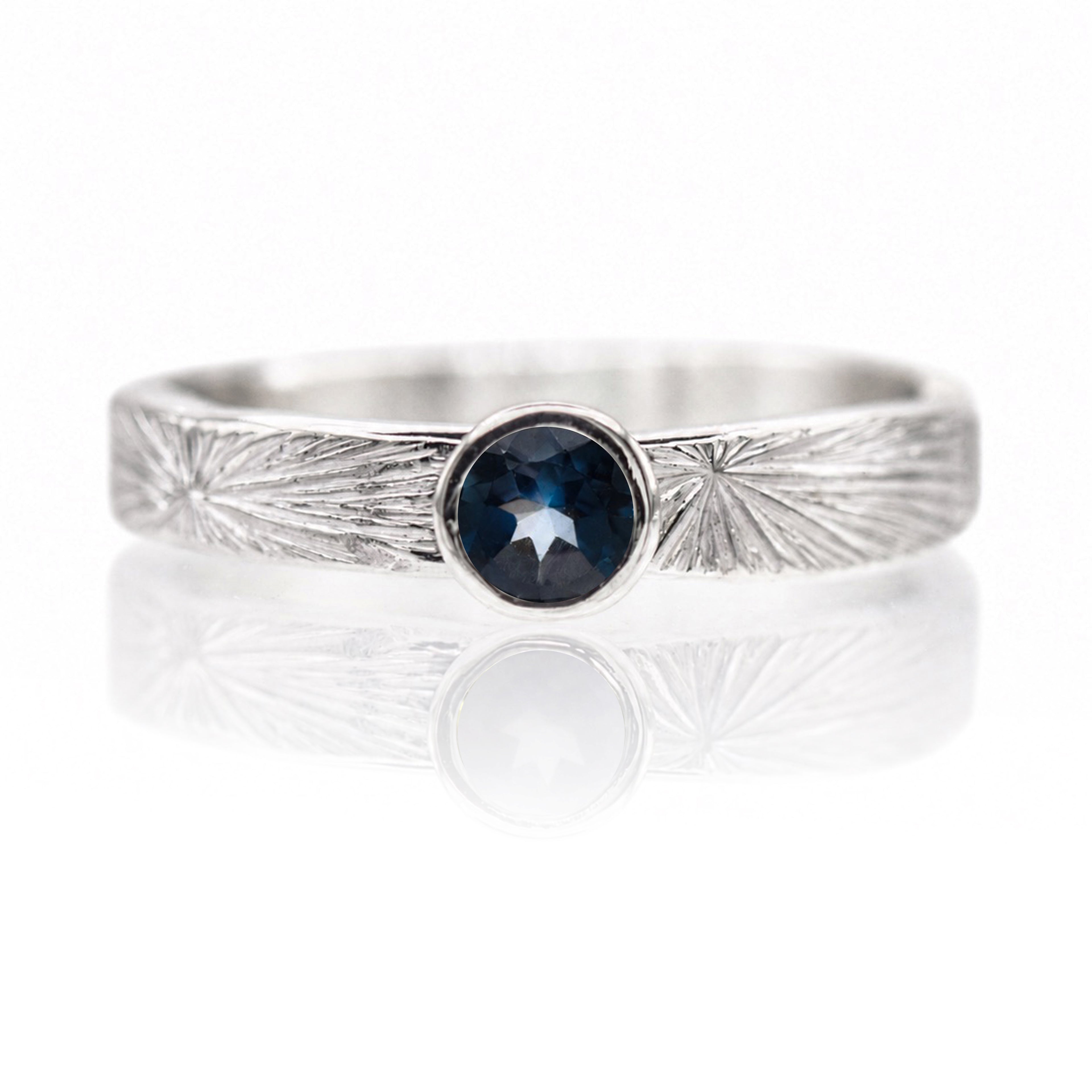 Silver ring with a blue gemstone on a white background