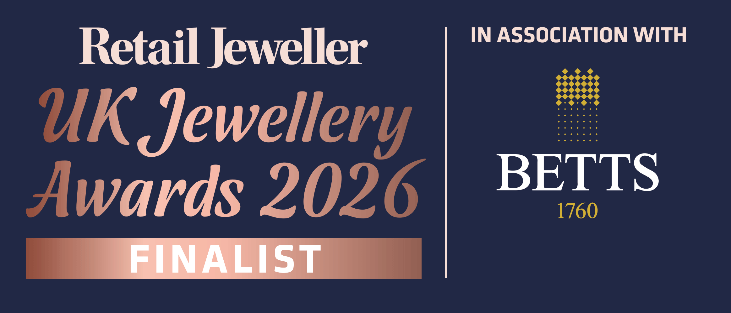 Promotional banner for the Retail Jeweller UK Jewellery Awards 2026 Finalist, featuring the Betts logo.