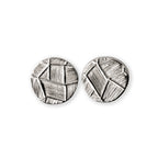 Pair of silver geometric earrings on a white background