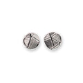 Pair of silver geometric stud earrings on a white background